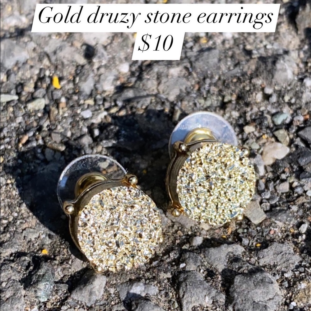 Round Gold Druzy Stone Stud Earrings